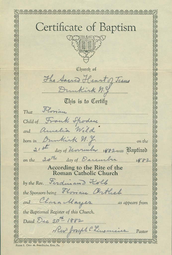 Florian's baptismal certificate, 1882.